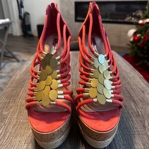 H by Halston Coral Wedges with Gold Embellishments